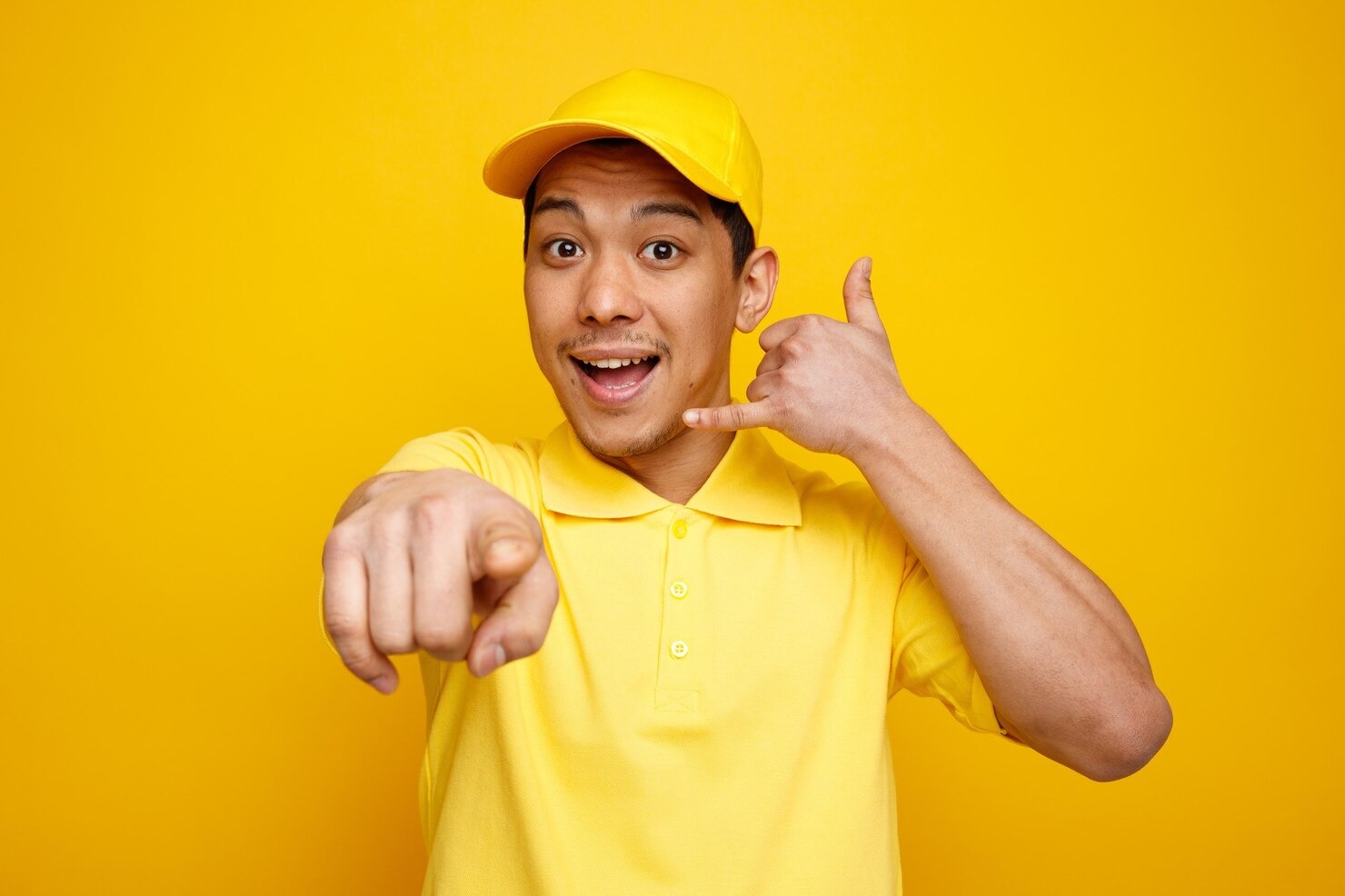 excited young delivery man weari